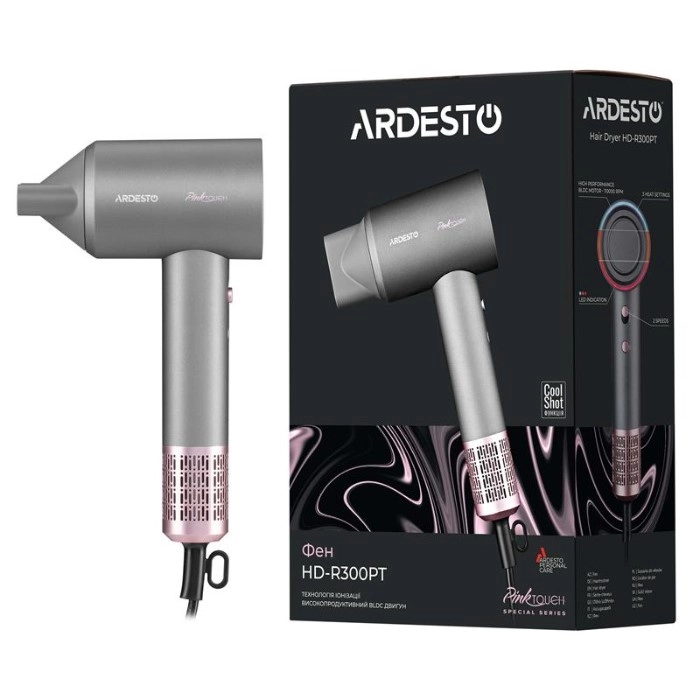 Фен Ardesto Pink Touch, 1600Вт, 2 швидкості, 3темп.режими, іонізація, дифузор, магнітні насадки, сірий+рожевий