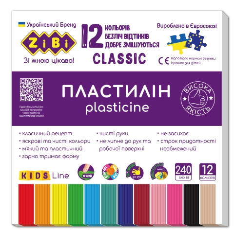 Пластилін CLASSIC ZiBi 12 кольорів 240г ZB.6233